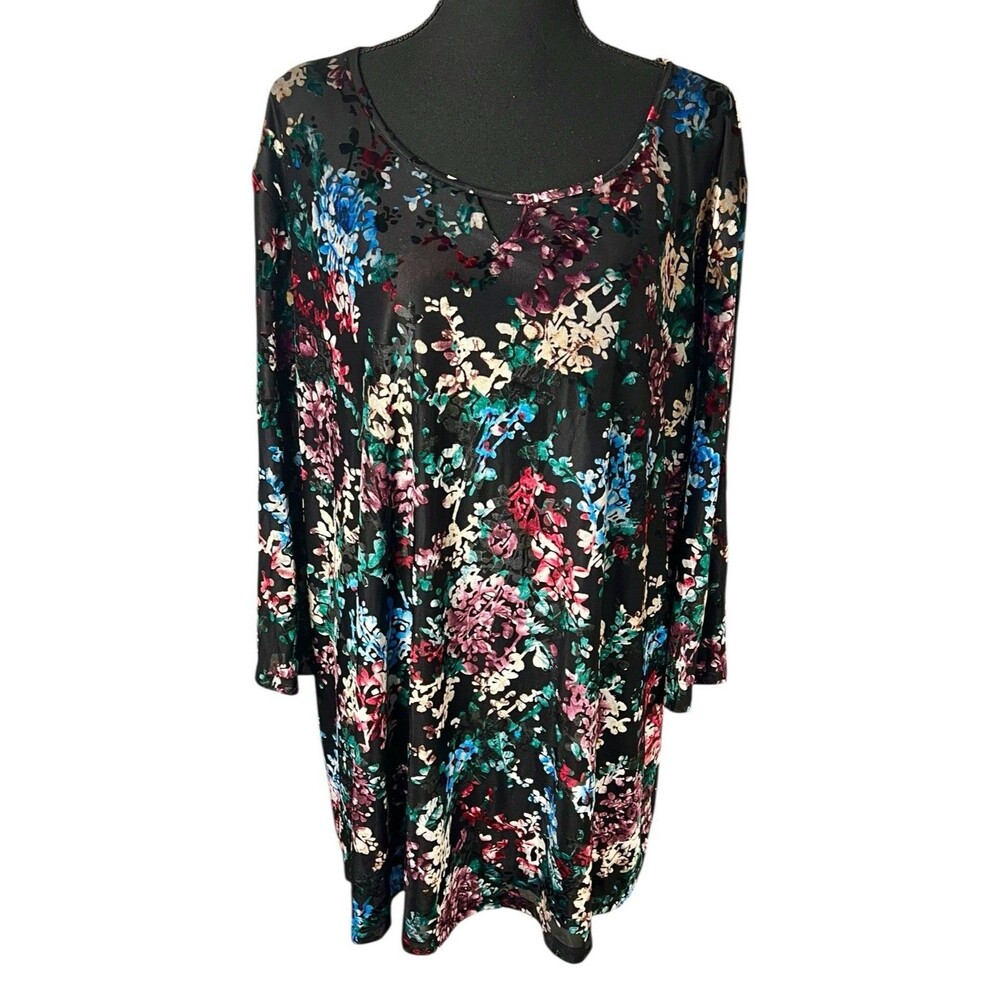 Catherine's Velvet Burnout Floral Blouse 3X Women Keyhole 3/4 Sleeve Whimsigoth